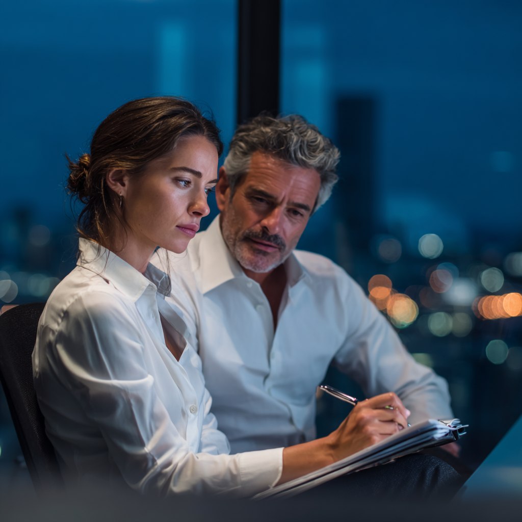 Consultora e cliente analisando estratégia de financiamento com vista noturna da cidade