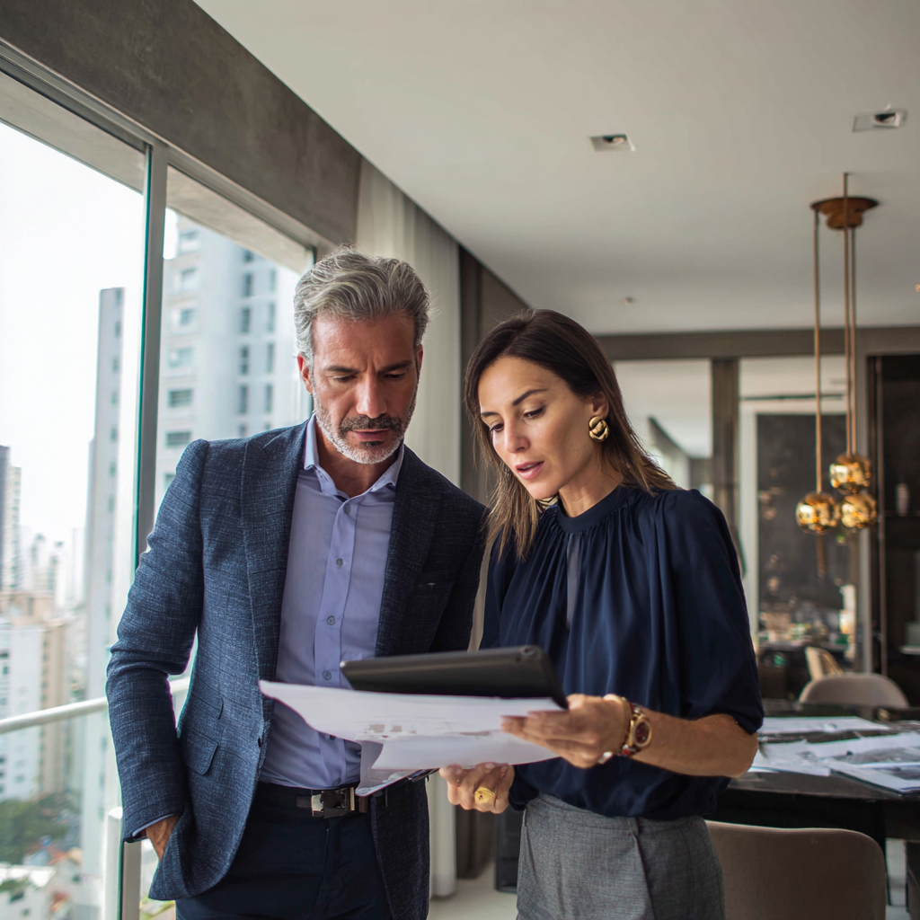 Consultora Alithea apresentando documento de aquisição imobiliária em apartamento de alto padrão