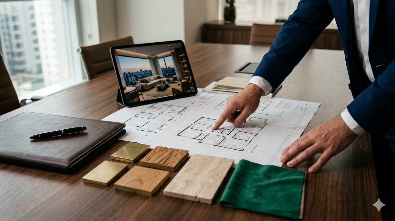 Consultora Alithea apresentando estratégia de valorização com amostras de materiais, blueprint e render de interior sobre mesa executiva